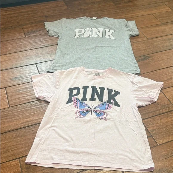 PINK Victoria's Secret Gray and Pink Graphic Tees - Picture 1 of 3